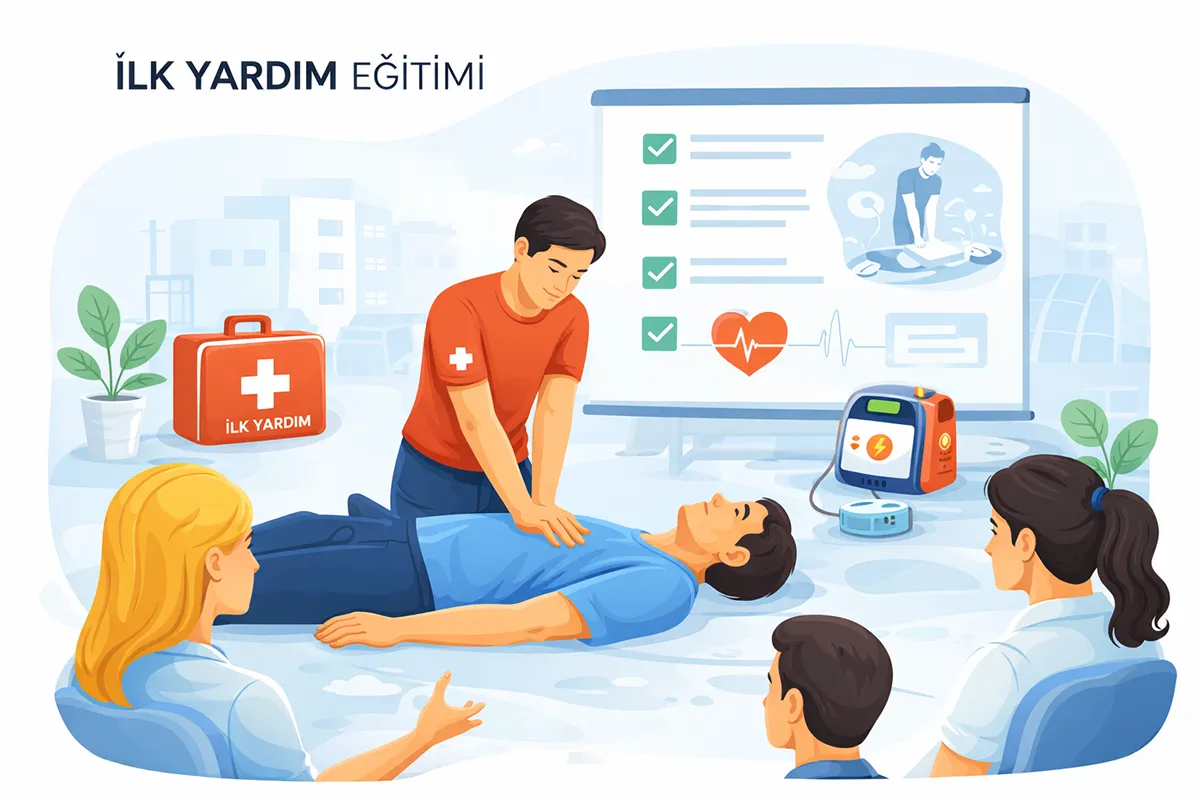 Uygulamalı ilk yardım eğitimi veren uzman eğitmen ve cansız manken üzerinde müdahale.